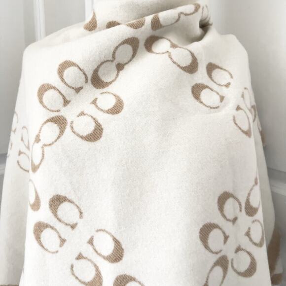 Coach Poncho Wrap Shawl Signature Logo Wool Tan Ivory Taupe Chalk C5104 - Picture 2 of 7